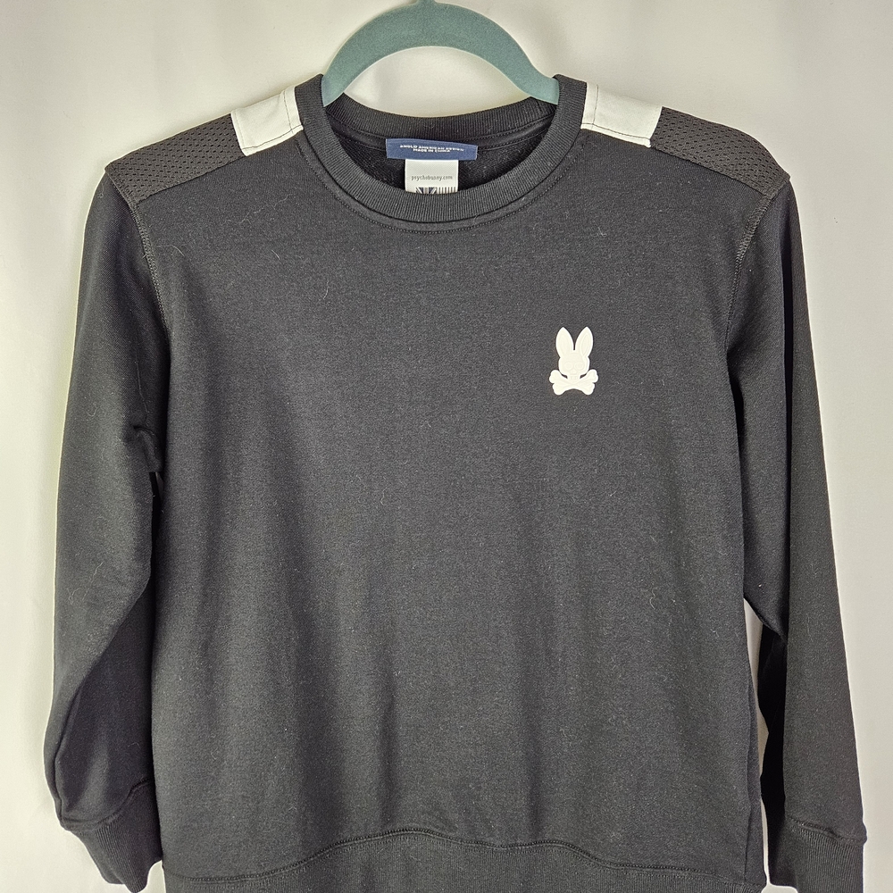 Psycho Bunny Black Kids Wilkies Crewneck with White Logo and Shoulder Accents